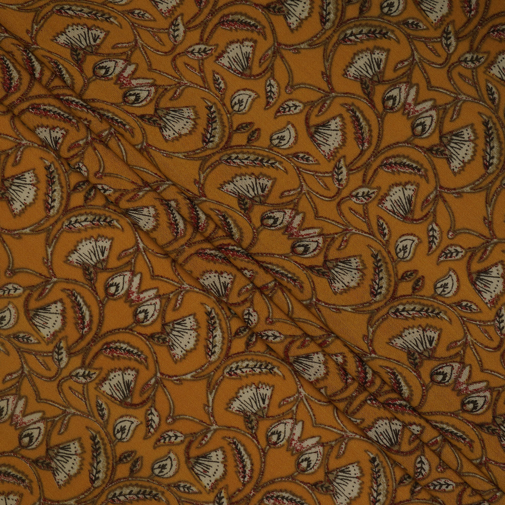 (Pre-Cut 3.50 Mtr ) Mustard Color Printed Pure Chanderi Fabric