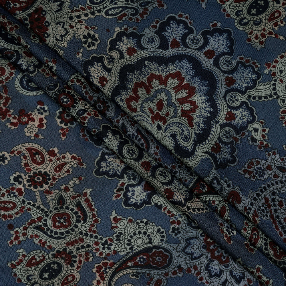 (Pre-Cut 3.60 Mtr) Blue Color Printed Pure Silk Fabric