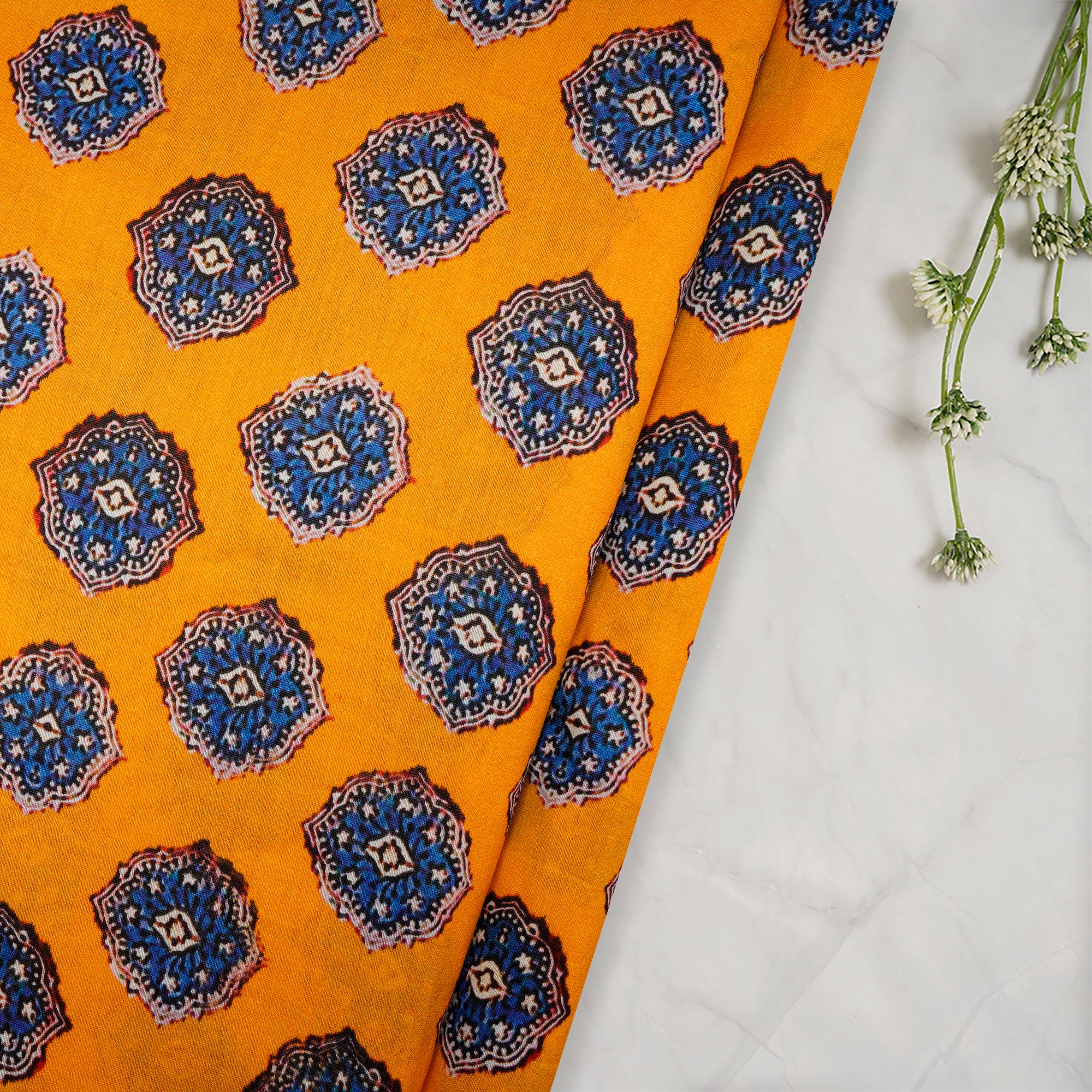 (Pre-Cut 3.90 Mtr) Mustard-Blue Color Printed Pure Chanderi Fabric