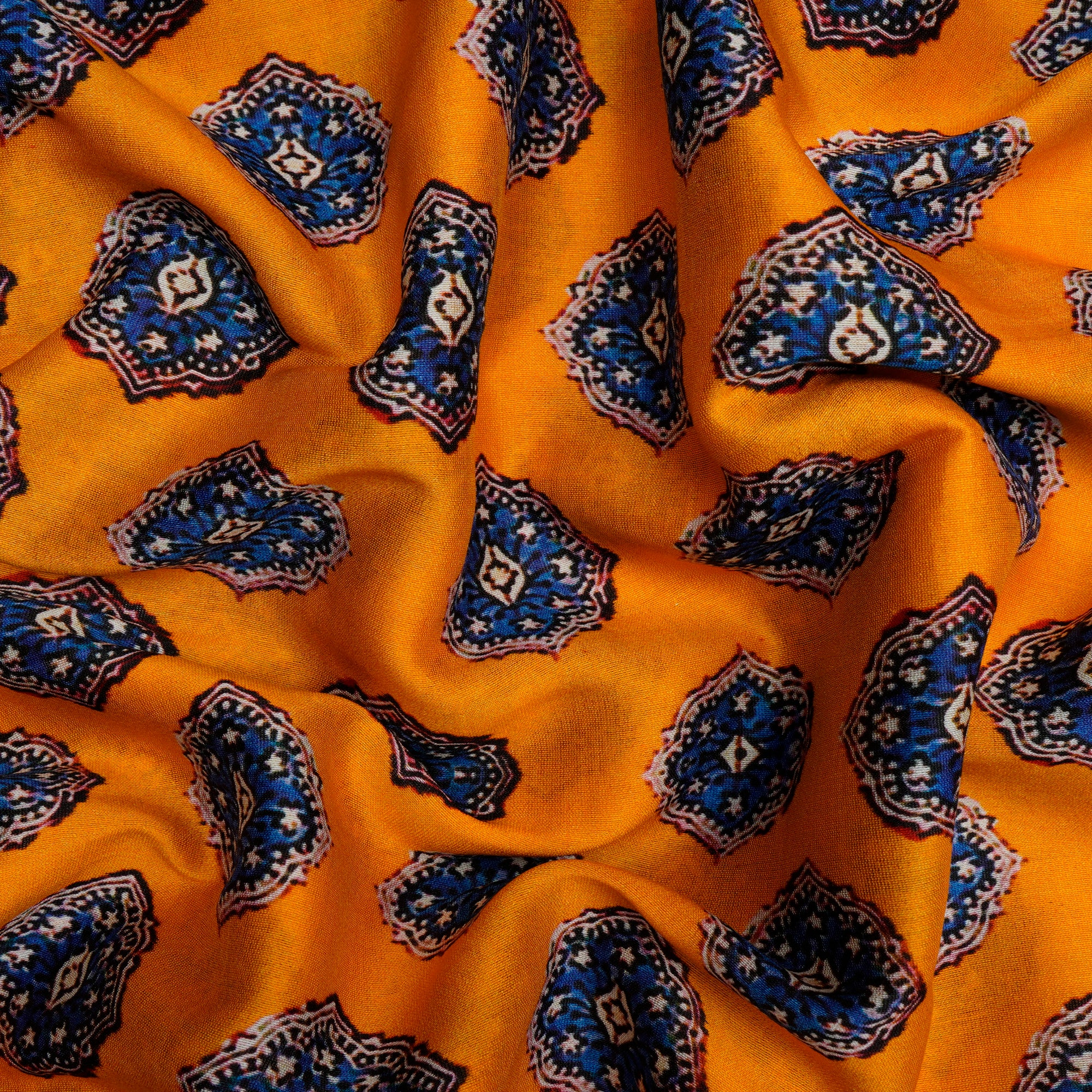 (Pre-Cut 3.90 Mtr) Mustard-Blue Color Printed Pure Chanderi Fabric