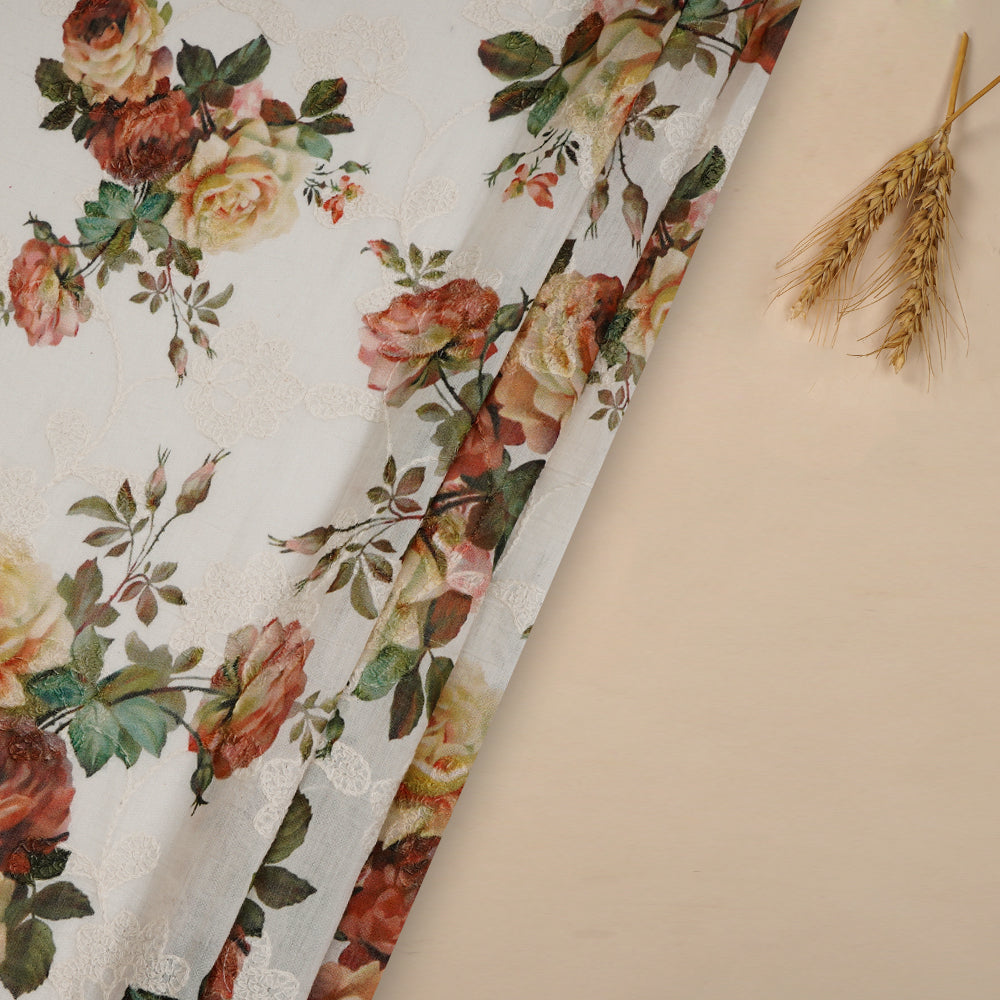 (Pre-Cut 1.80 Mtr) Multi Color Digital Printed Embroidered Pure Chanderi Fabric