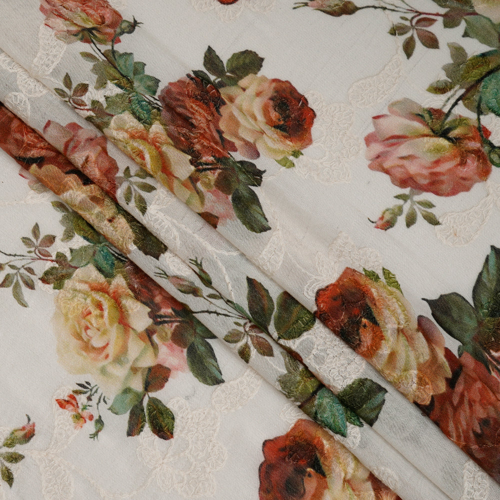 (Pre-Cut 1.80 Mtr) Multi Color Digital Printed Embroidered Pure Chanderi Fabric