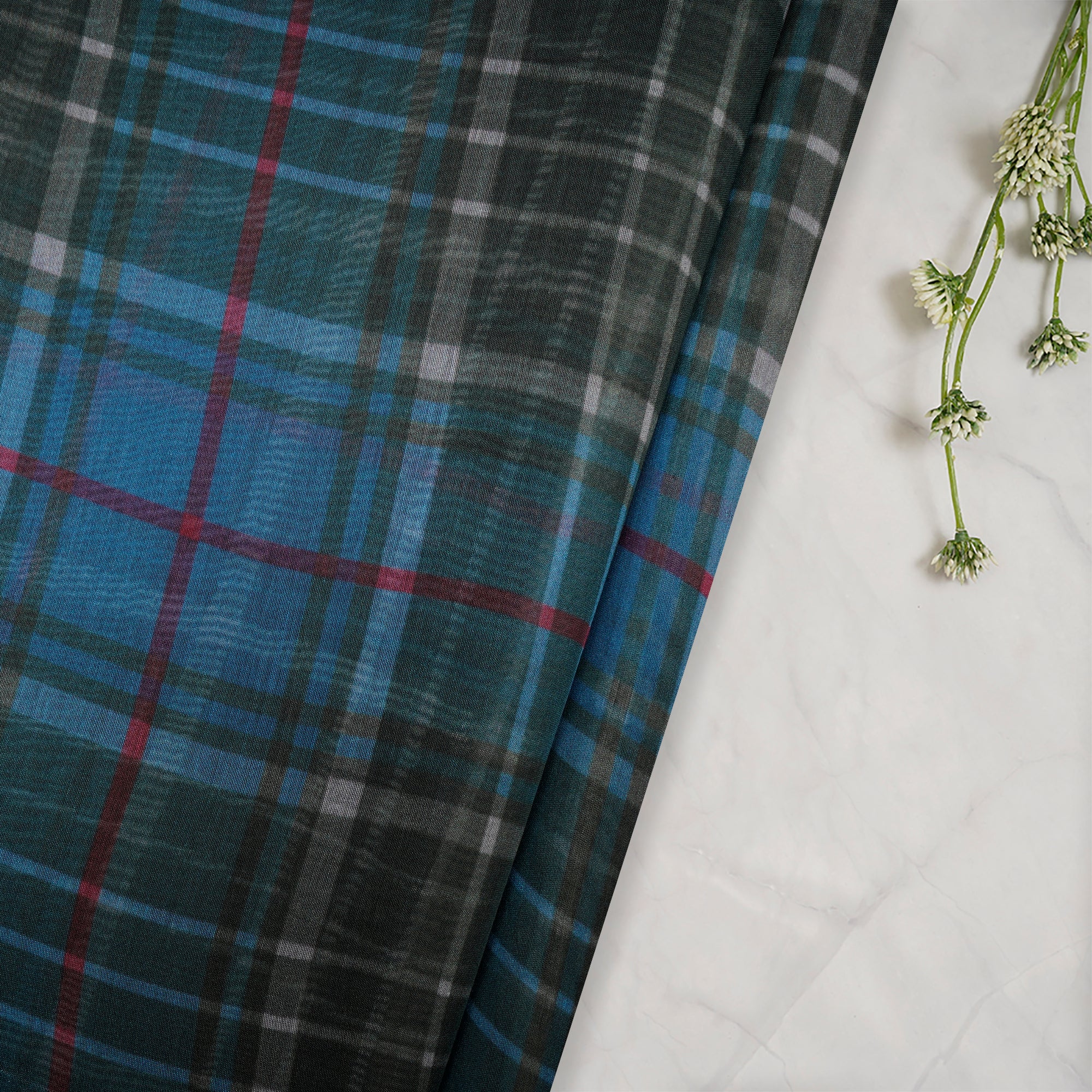 (Pre-Cut 2.65 Mtr) Green-Blue Color Digital Printed Pure Chanderi Fabric