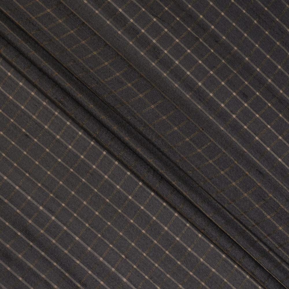 (Pre-Cut 3.10 Mtr ) Grey Color Checked Tussar Silk Fabric