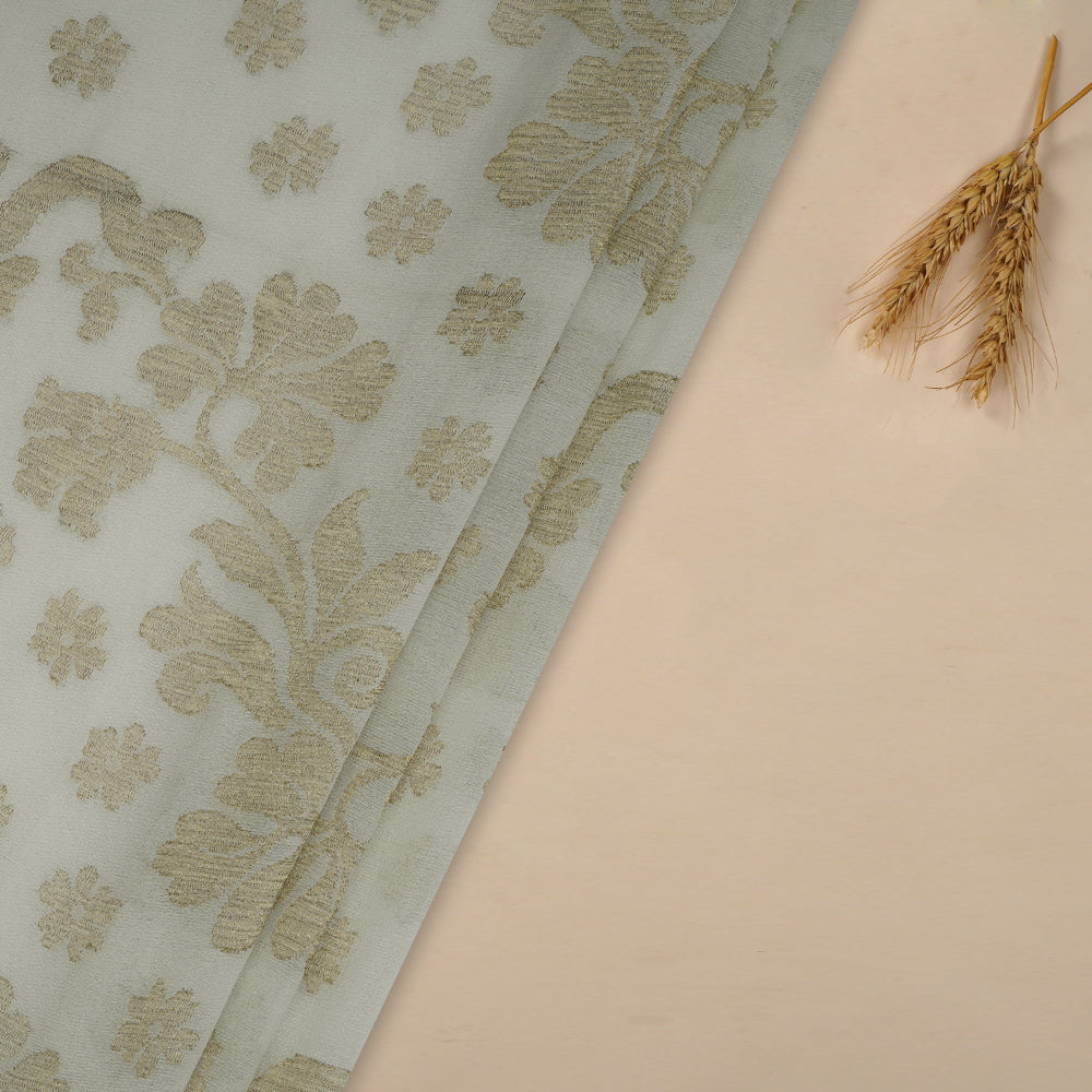 (Pre-Cut 2.35 Mtr ) Off White-Golden Color Jacquard Georgette Silk Fabric