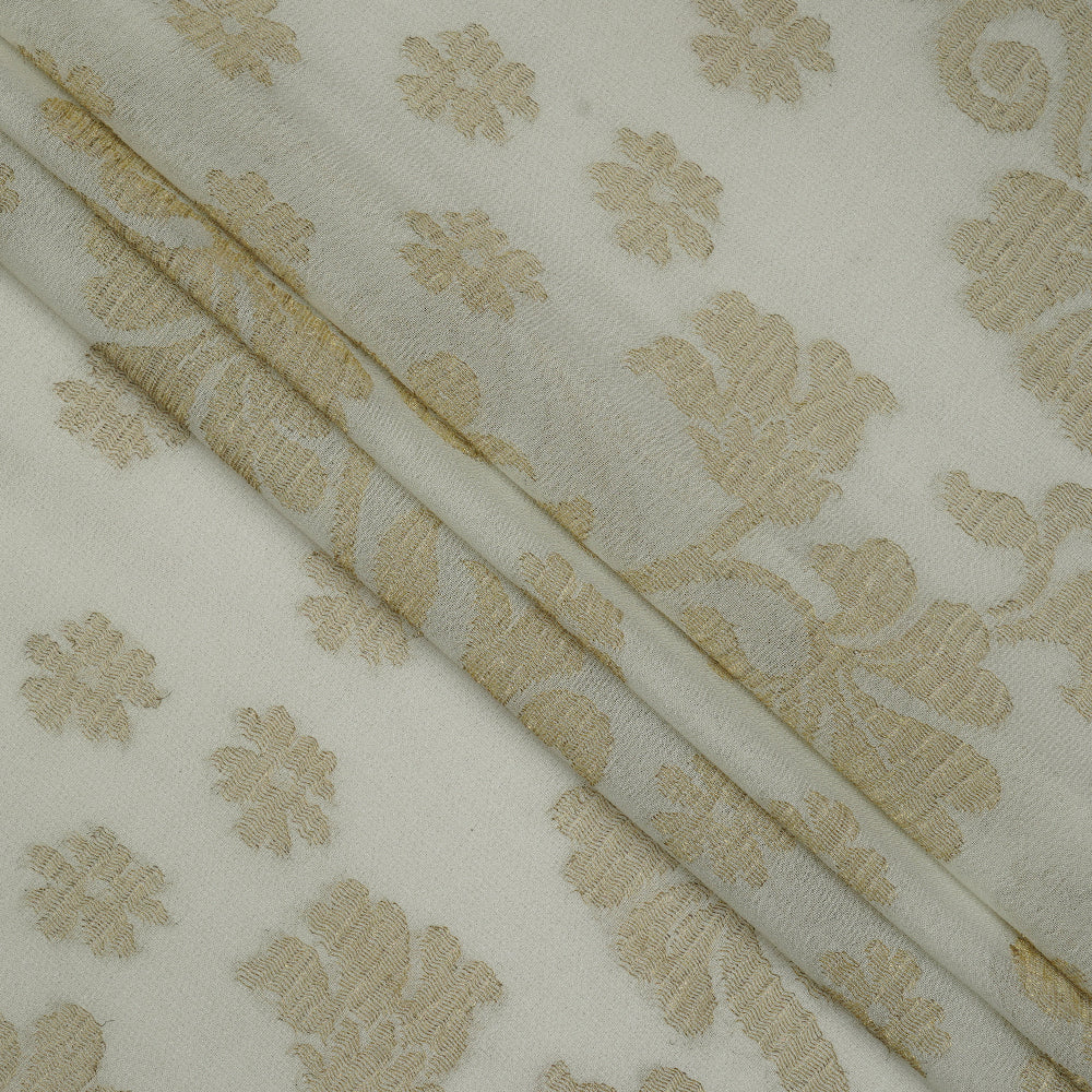 (Pre-Cut 2.35 Mtr ) Off White-Golden Color Jacquard Georgette Silk Fabric