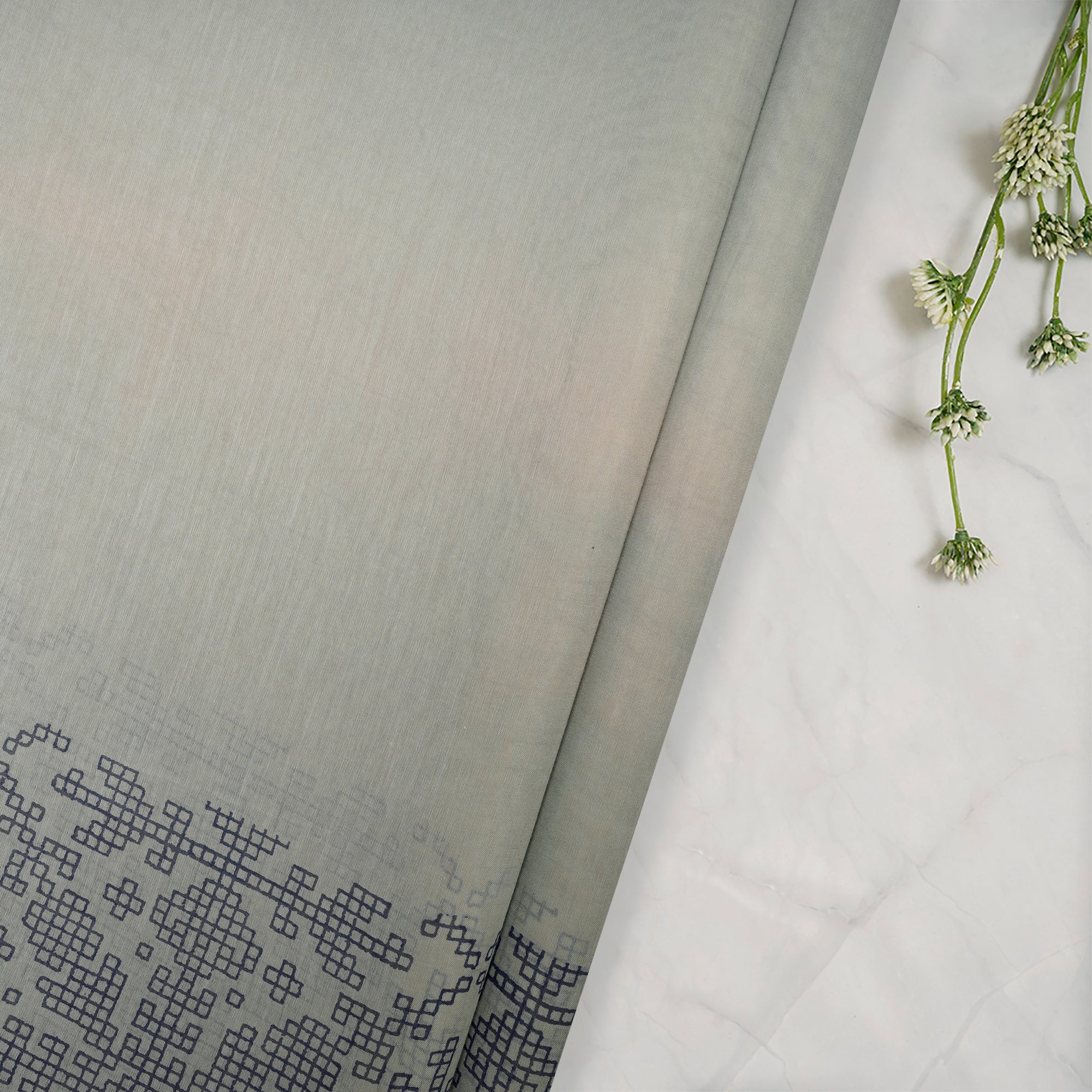 (Pre Cut 2.00 Mtr )Grey Printed Fine Chanderi Fabric
