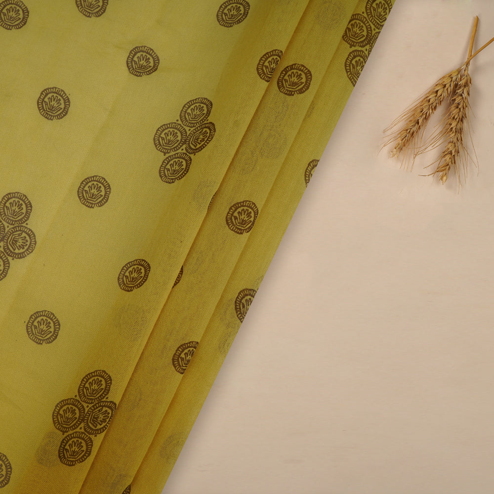 (Pre-Cut 4.20 Mtr ) Yellow Color Printed Pure Chanderi Fabric