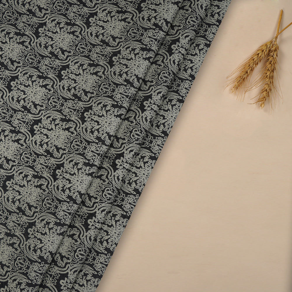 (Pre-Cut 2 Mtr ) Blue-White Color Printed Cotton Denim Fabric