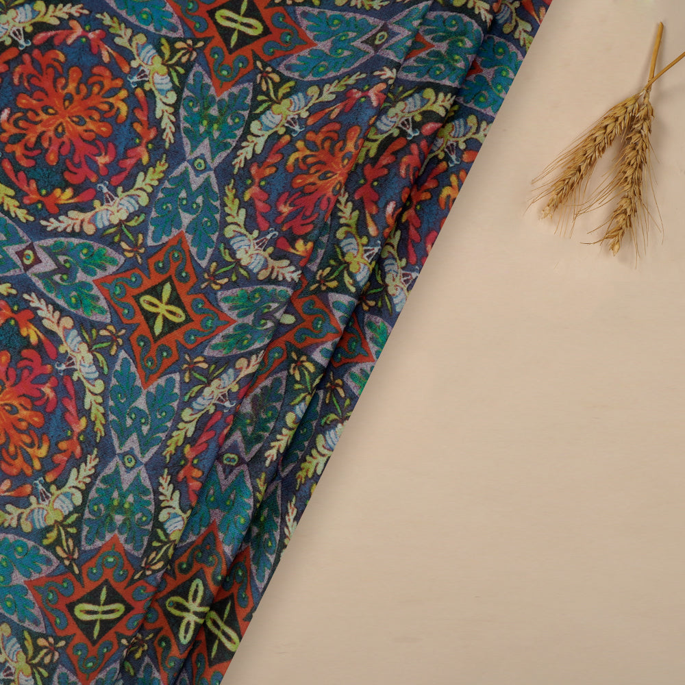 (Pre-Cut 3 Mtr ) Steel Blue Color Printed Chiffon Satin Fabric