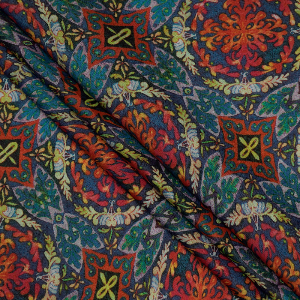 (Pre-Cut 3 Mtr ) Steel Blue Color Printed Chiffon Satin Fabric