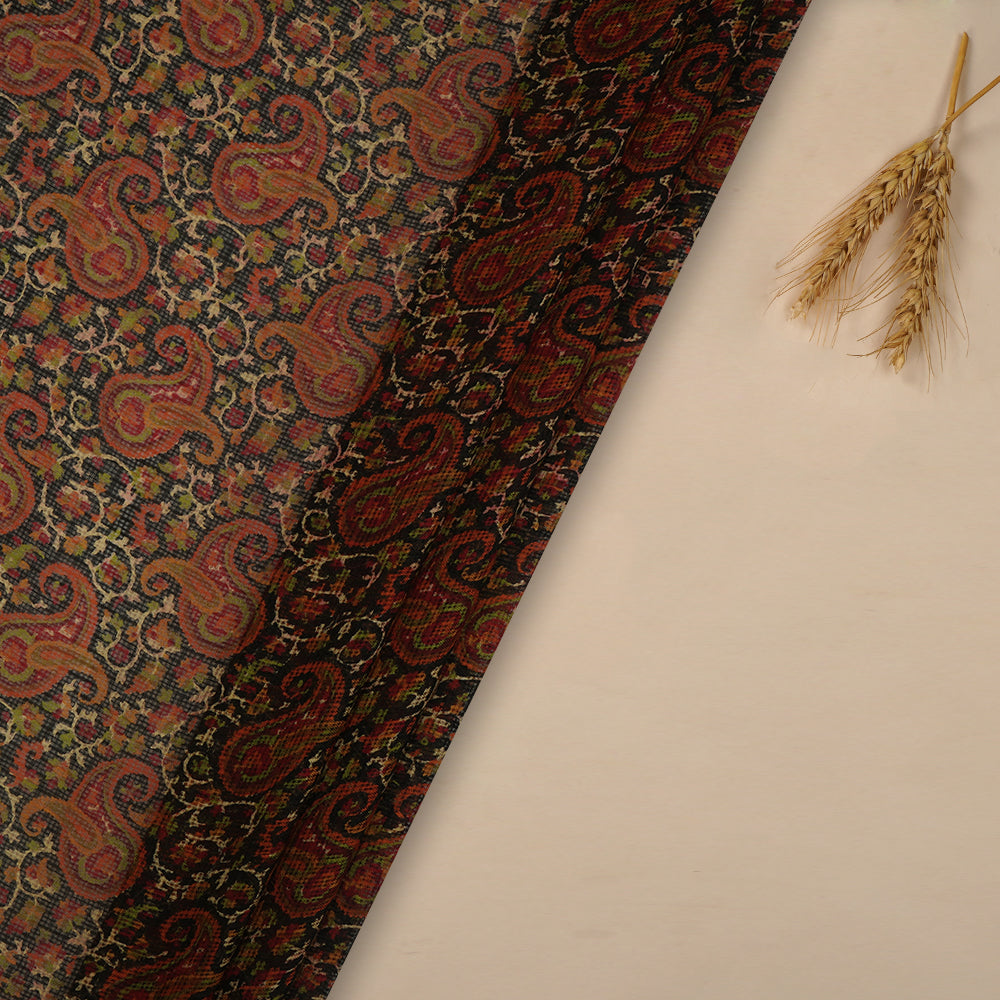 (Pre-Cut 1 Mtr ) Black-Orange Color Printed Kota Silk Fabric
