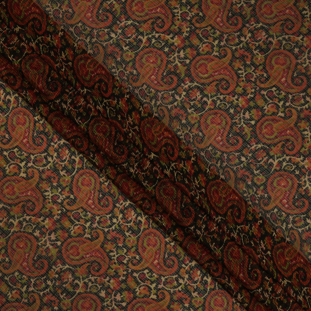 (Pre-Cut 1 Mtr ) Black-Orange Color Printed Kota Silk Fabric