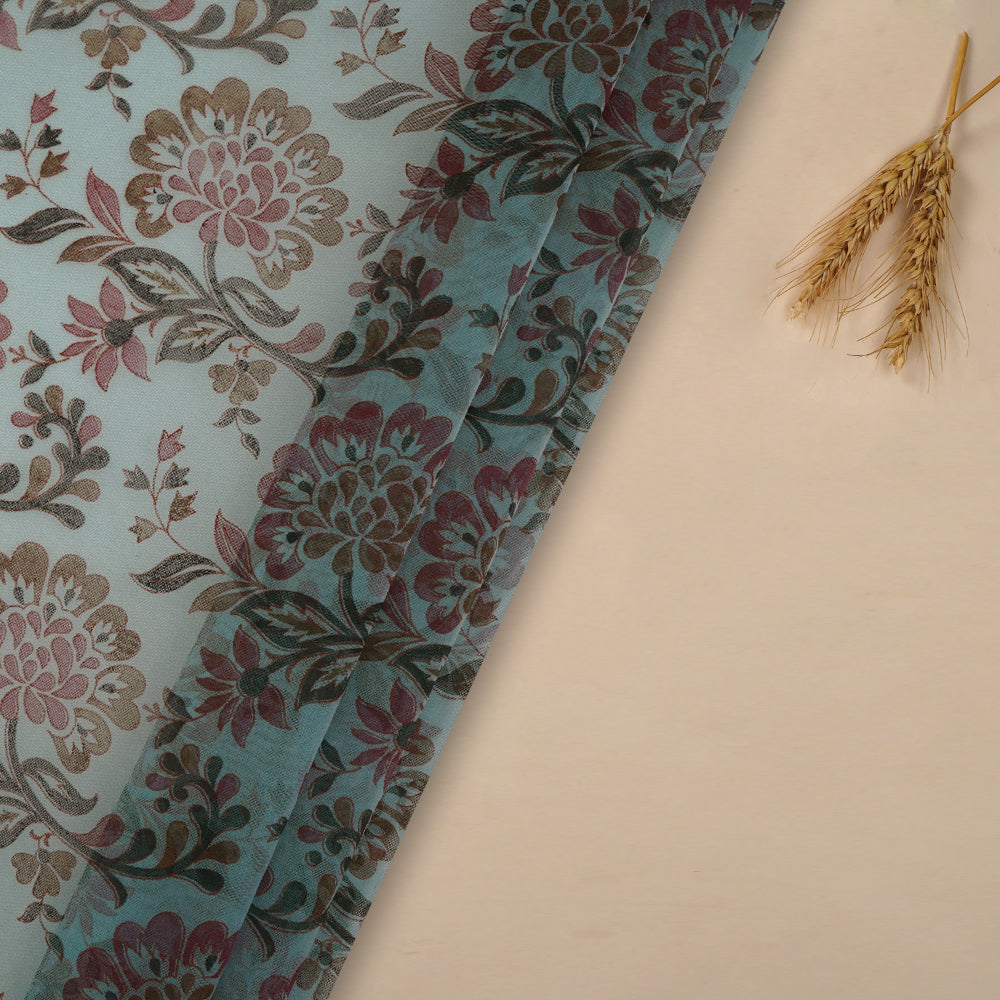 (Pre-Cut 3 Mtr ) Ice Blue Color Printed Organza Silk Fabric