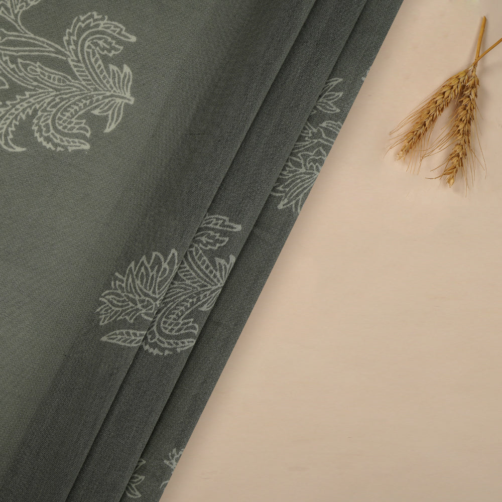(Pre-Cut 1.10 Mtr ) Steel Grey Color Digital Printed Pure Chanderi Fabric