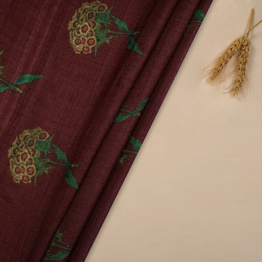 (Pre-Cut 2.90 Mtr ) Wine Color Digital Printed Tussar Silk Fabric