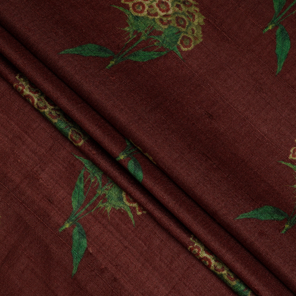 (Pre-Cut 2.90 Mtr ) Wine Color Digital Printed Tussar Silk Fabric