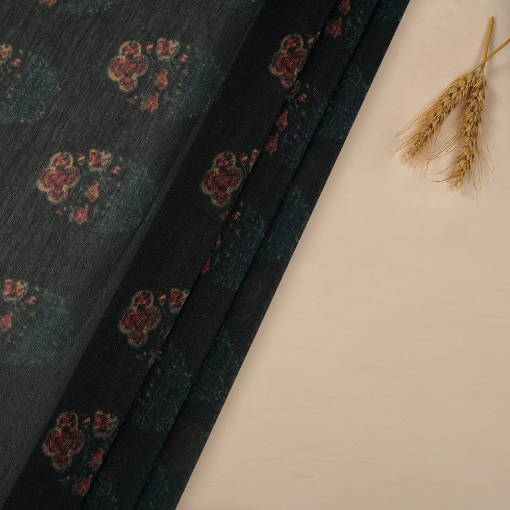 (Pre-Cut 4.40 Mtr ) Navy Color Digital Printed Pure Chanderi Fabric