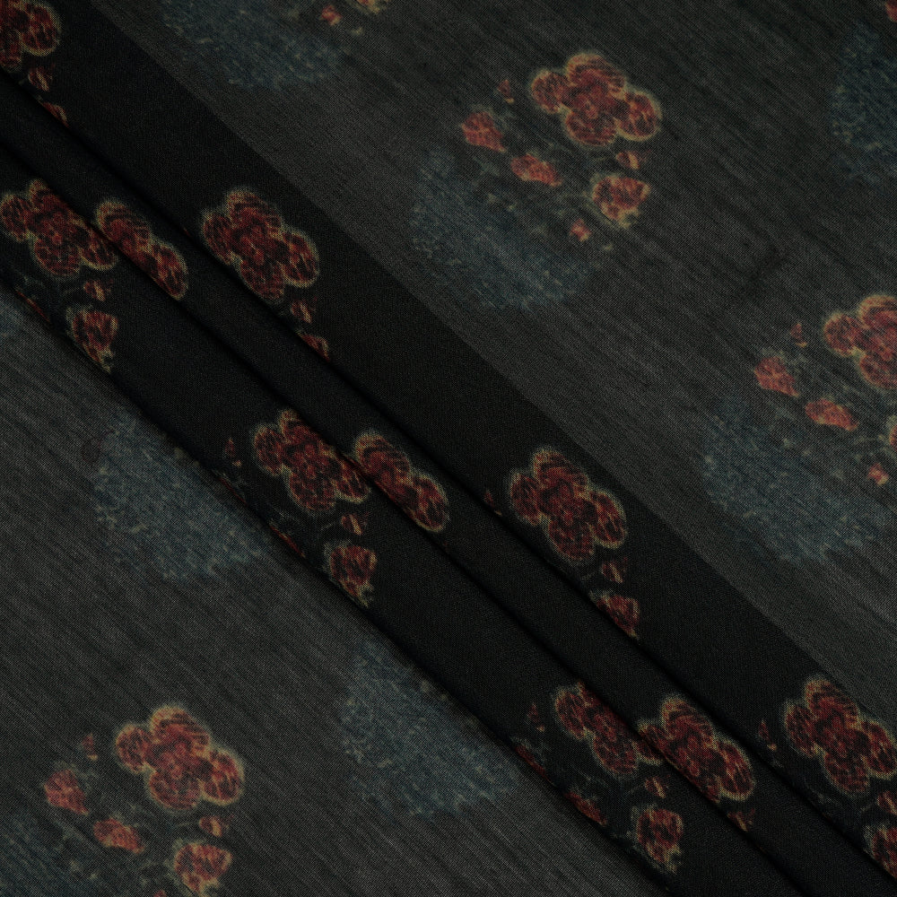 (Pre-Cut 4.40 Mtr ) Navy Color Digital Printed Pure Chanderi Fabric