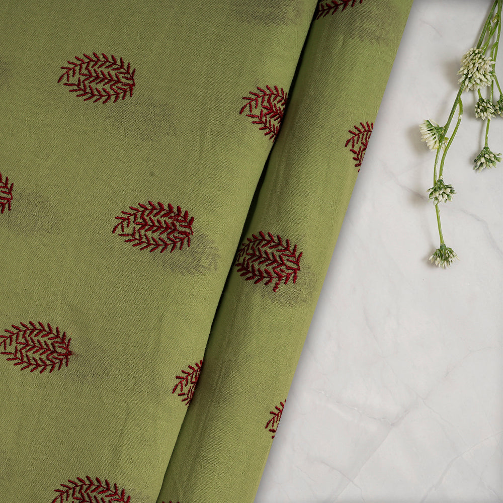(Pre-Cut 4.10 Mtr) Green Color Embroidered Cotton Voile Fabric