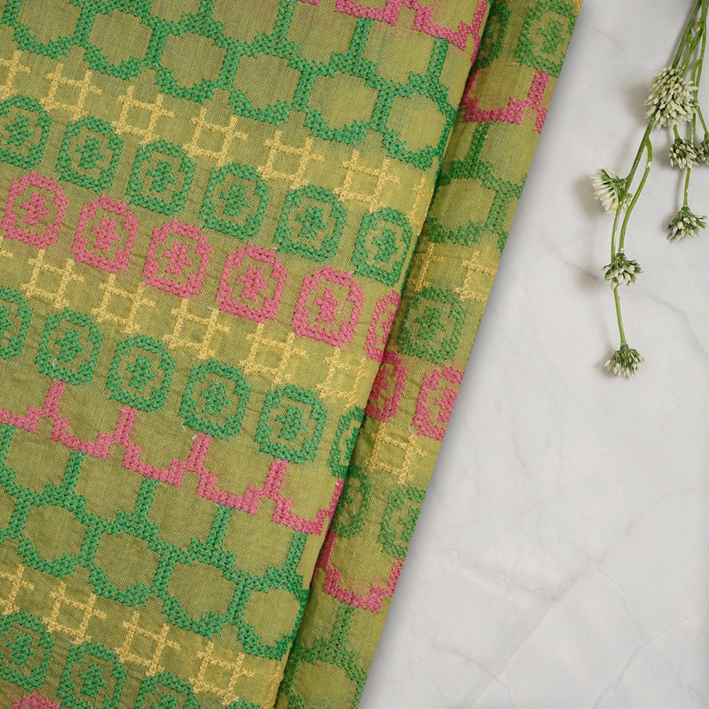 (Pre-Cut 3.65 Mtr) Light Green Color Embroidered Chanderi Fabric