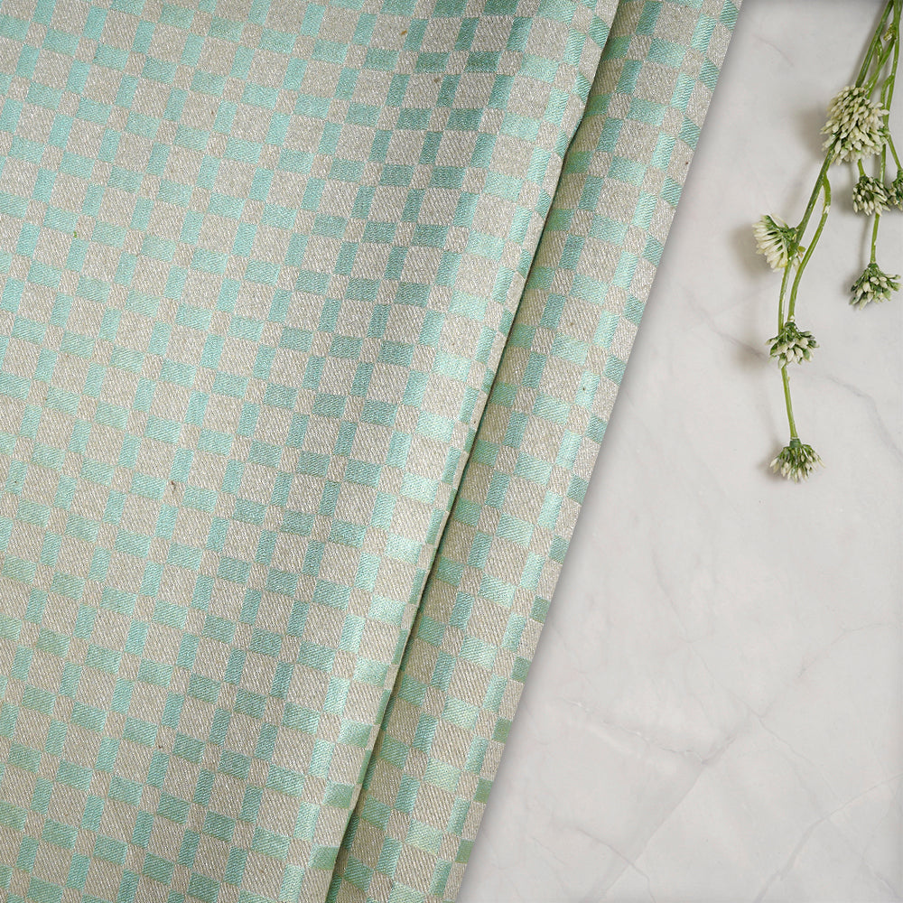 (Pre-Cut 2.60 Mtr) Snowy Mint Color Handwoven Brocade Silk Fabric