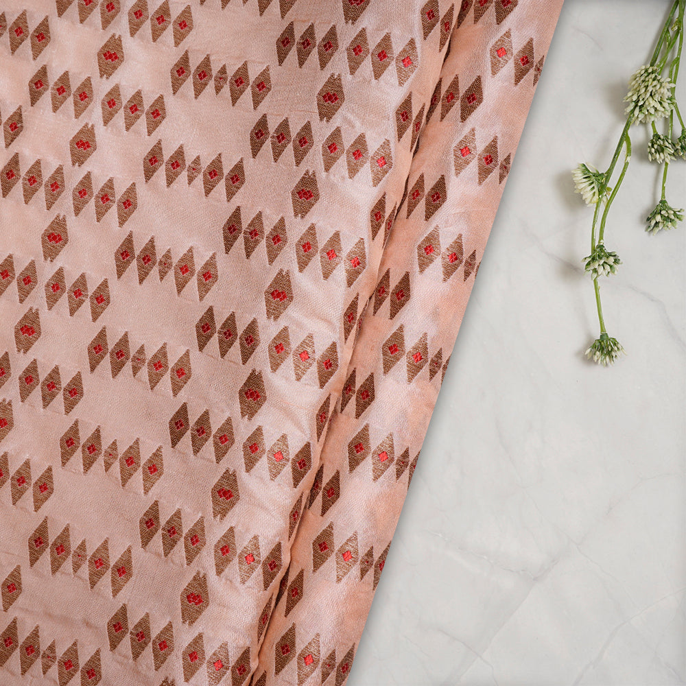 (Pre-Cut 1 Mtr) Peach Puff Color Handwoven Brocade Silk Fabric