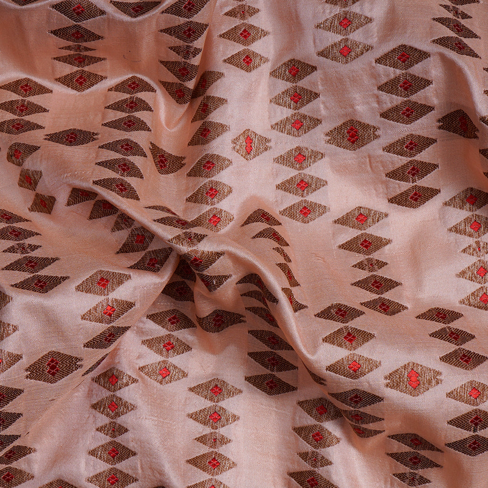 (Pre-Cut 1 Mtr) Peach Puff Color Handwoven Brocade Silk Fabric