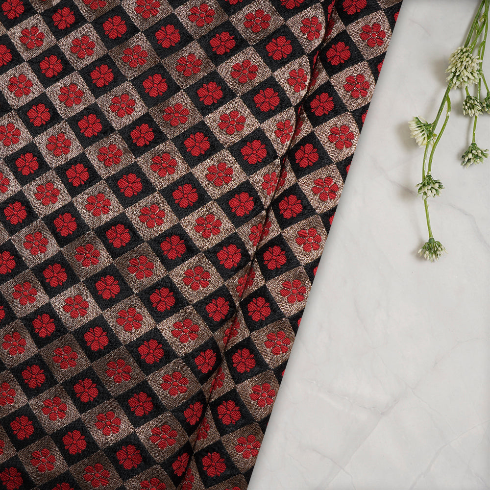 (Pre-Cut 1.60 Mtr) Black-Red Color Handwoven Brocade Silk Fabric