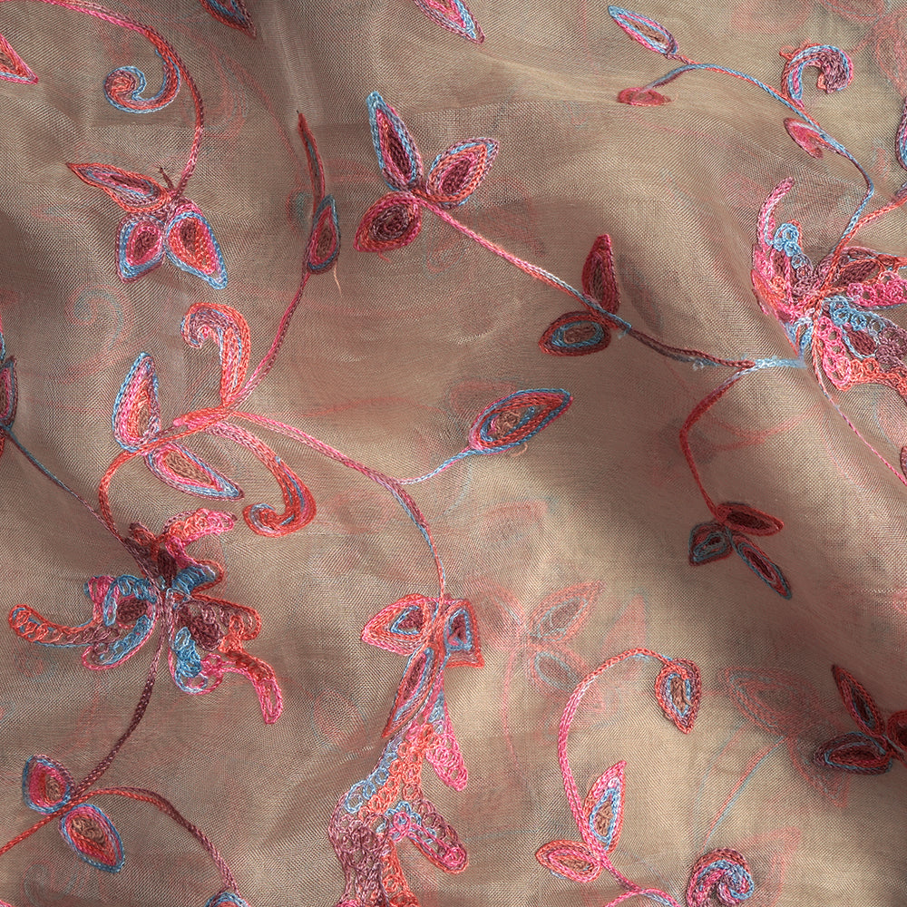 (Pre-Cut 3.35 Mtr) Desert Sand Color Embroidered Organza Silk Fabric