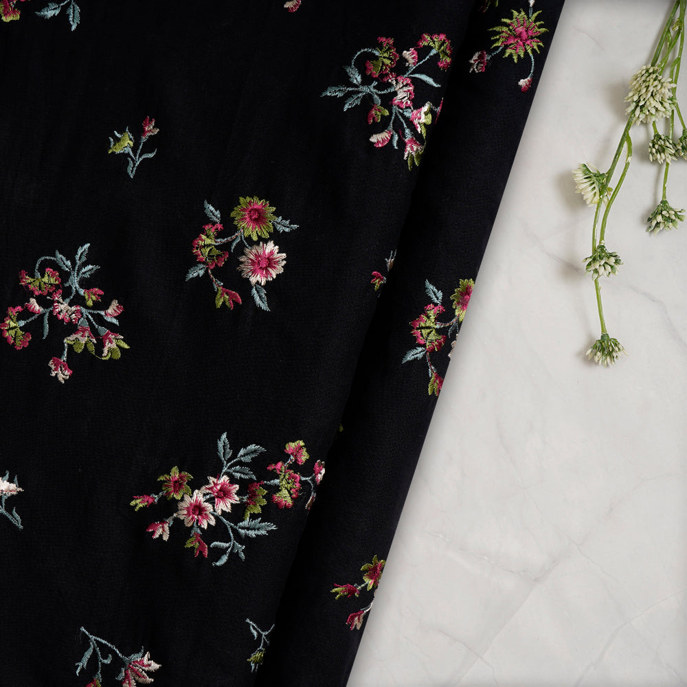 (Pre-Cut 2.50 Mtr) Black Color Embroidered Cotton Voile Fabric