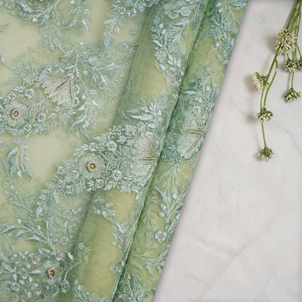 (Pre-Cut 2.90 Mtr) Mint Color Embroidered Nylon Net Fabric