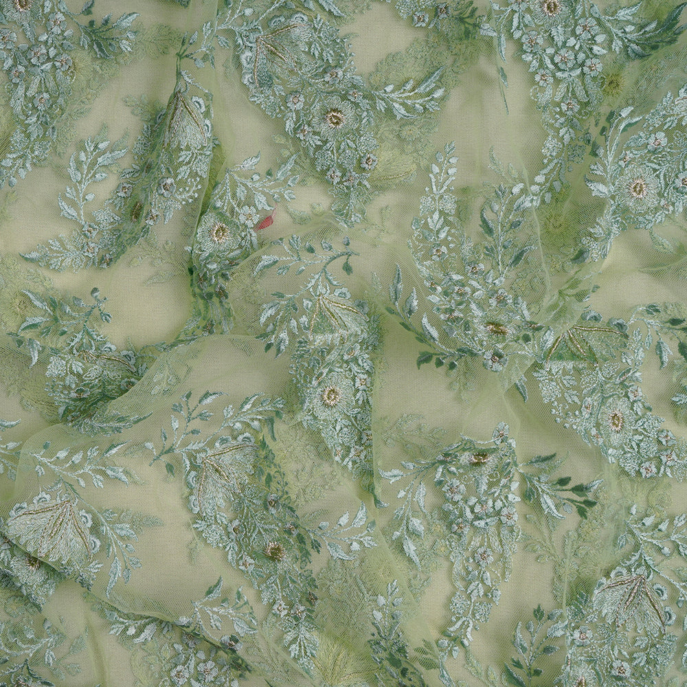 (Pre-Cut 2.90 Mtr) Mint Color Embroidered Nylon Net Fabric