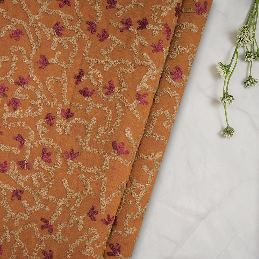 (Pre-Cut 4.10 Mtr) Pumpkin Color Embroidered Georgette Silk Fabric