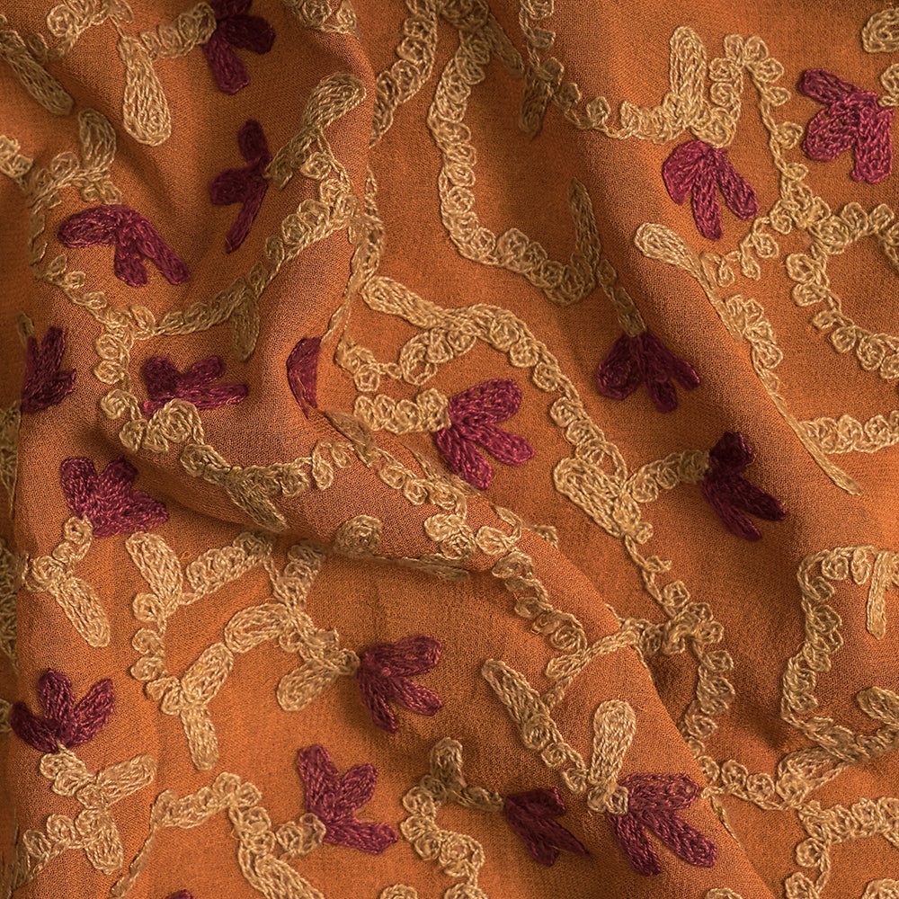 (Pre-Cut 4.10 Mtr) Pumpkin Color Embroidered Georgette Silk Fabric