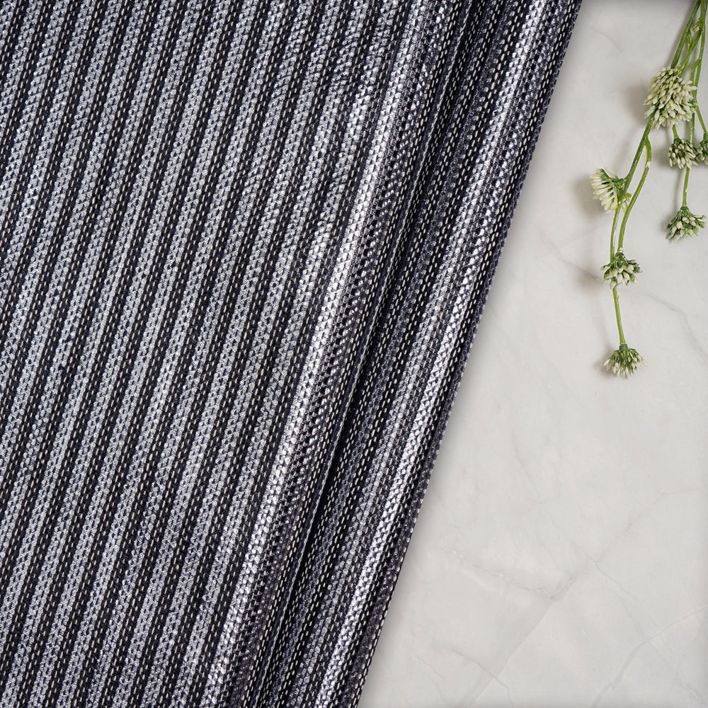 (Pre-Cut 3.20 Mtr) Black Color Striped Lurex Silk Fabric