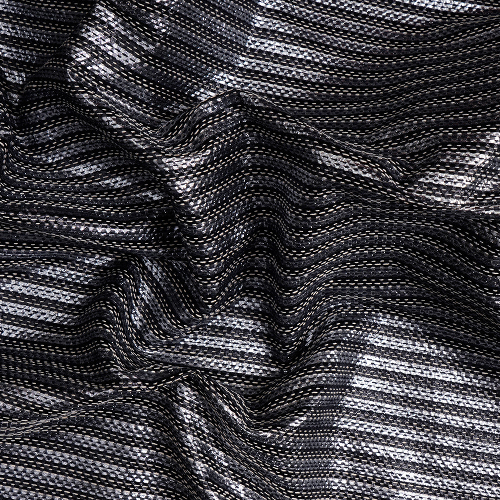 (Pre-Cut 3.20 Mtr) Black Color Striped Lurex Silk Fabric