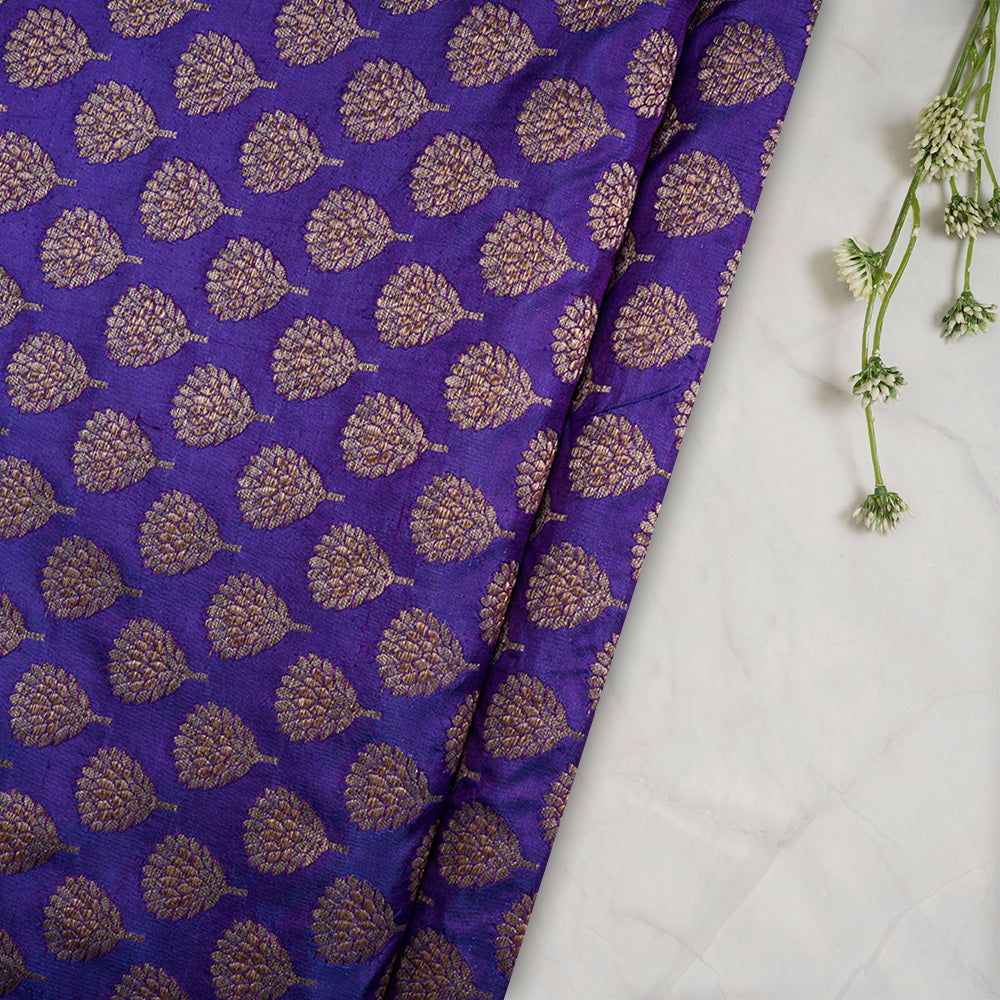 (Pre-Cut 1.30 Mtr) Purple Color Handwoven Brocade Silk Fabric
