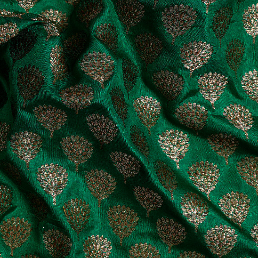 (Pre-Cut 1.90 Mtr) Green Color Handwoven Brocade Silk Fabric