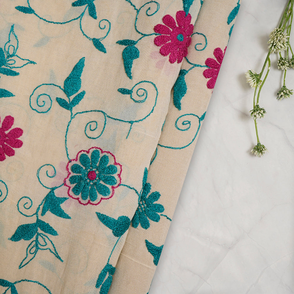 (Pre-Cut 2.55 Mtr) Cream Color Embroidered Cotton Voile Fabric