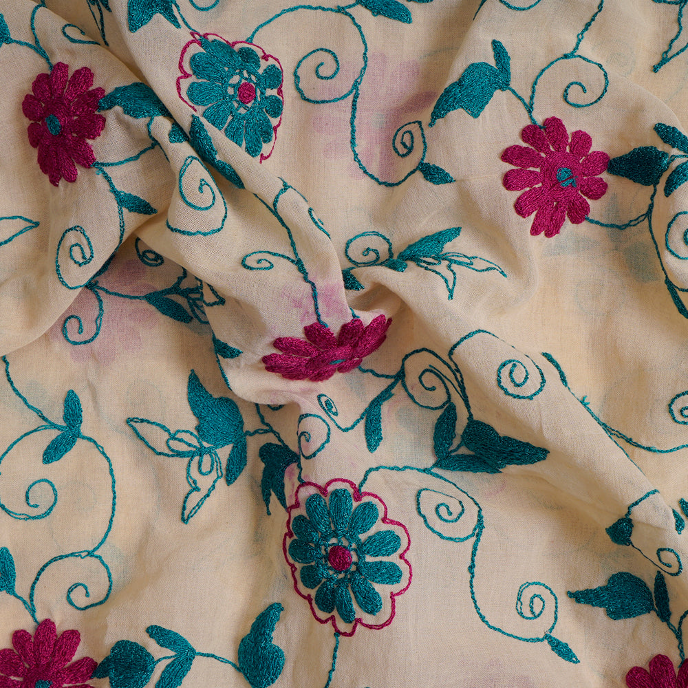 (Pre-Cut 2.55 Mtr) Cream Color Embroidered Cotton Voile Fabric