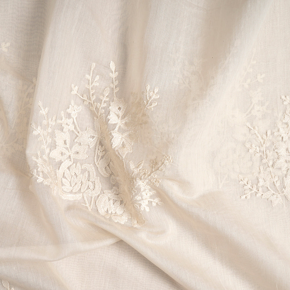 (Pre-Cut 1.50 Mtr) Off-White Color Embroidered Pure Chanderi Fabric