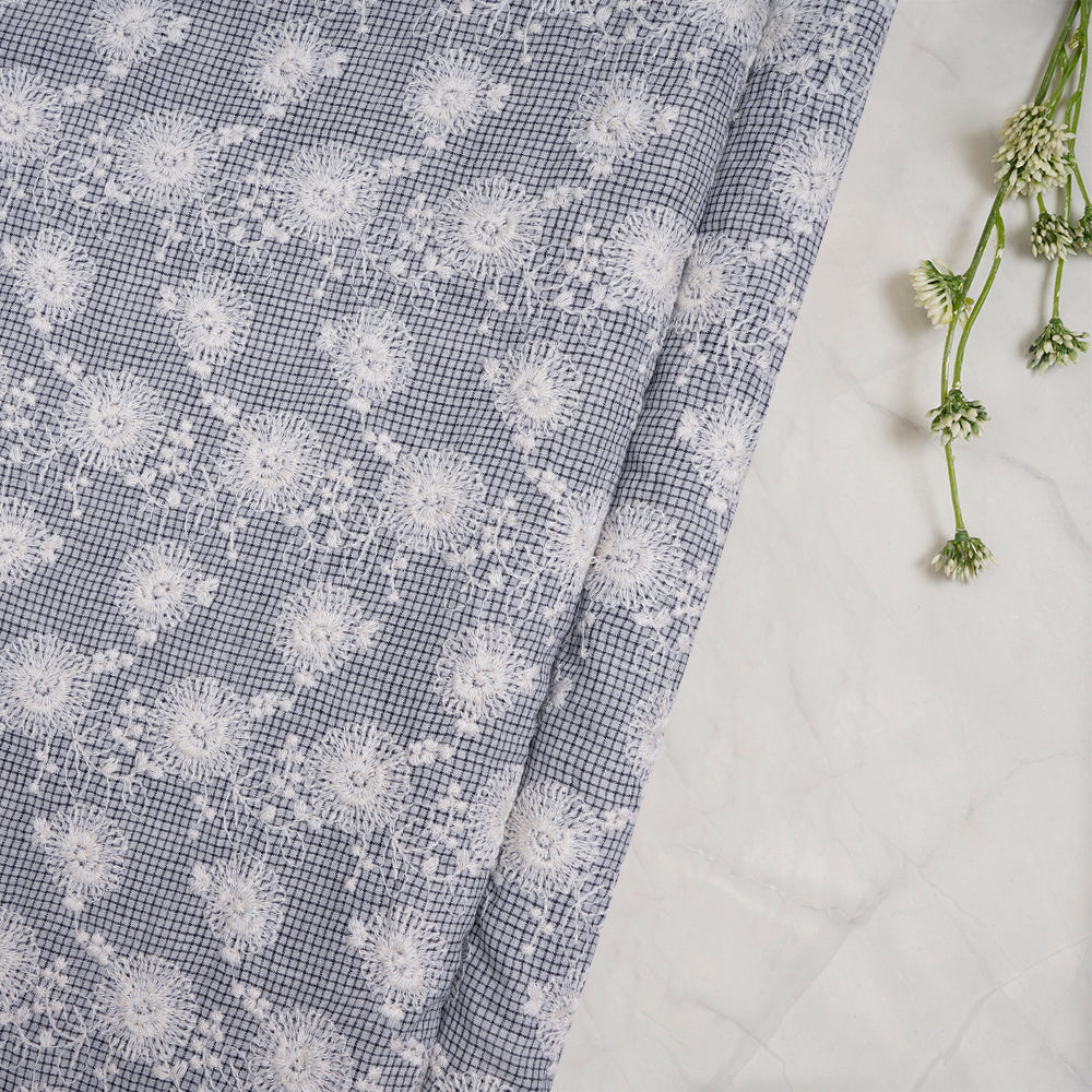 (Pre-Cut 2.40 Mtr) Off White-Black Color Embroidered Cotton Muslin Fabric