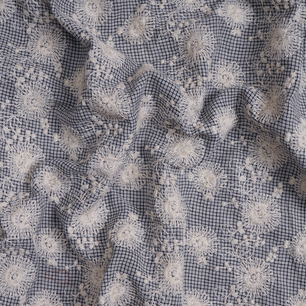 (Pre-Cut 2.40 Mtr) Off White-Black Color Embroidered Cotton Muslin Fabric