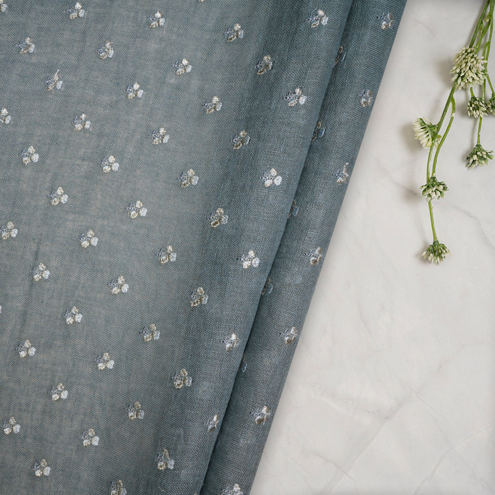 (Pre-Cut 1.20 Mtr) Grey Color Embroidered Linen Fabric