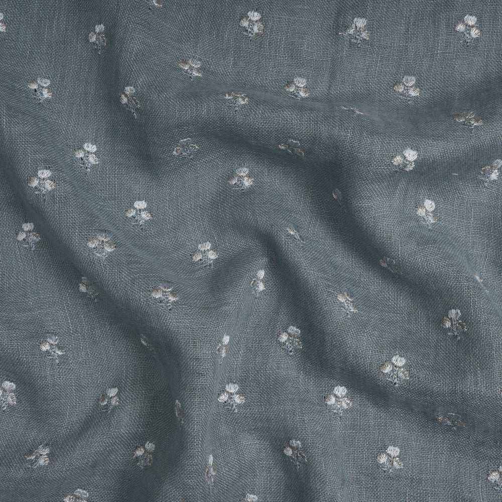 (Pre-Cut 1.20 Mtr) Grey Color Embroidered Linen Fabric