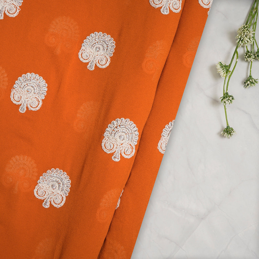 (Pre-Cut 3.60 Mtr) Orange Color Embroidered Georgette Silk Fabric