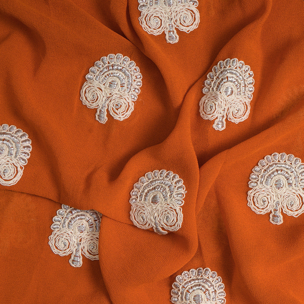 (Pre-Cut 3.60 Mtr) Orange Color Embroidered Georgette Silk Fabric