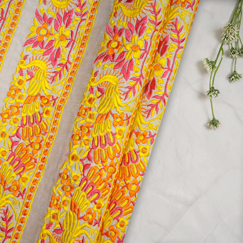 (Pre-Cut 0.90 Mtr) Off White Color Embroidered Pure Chanderi Fabric