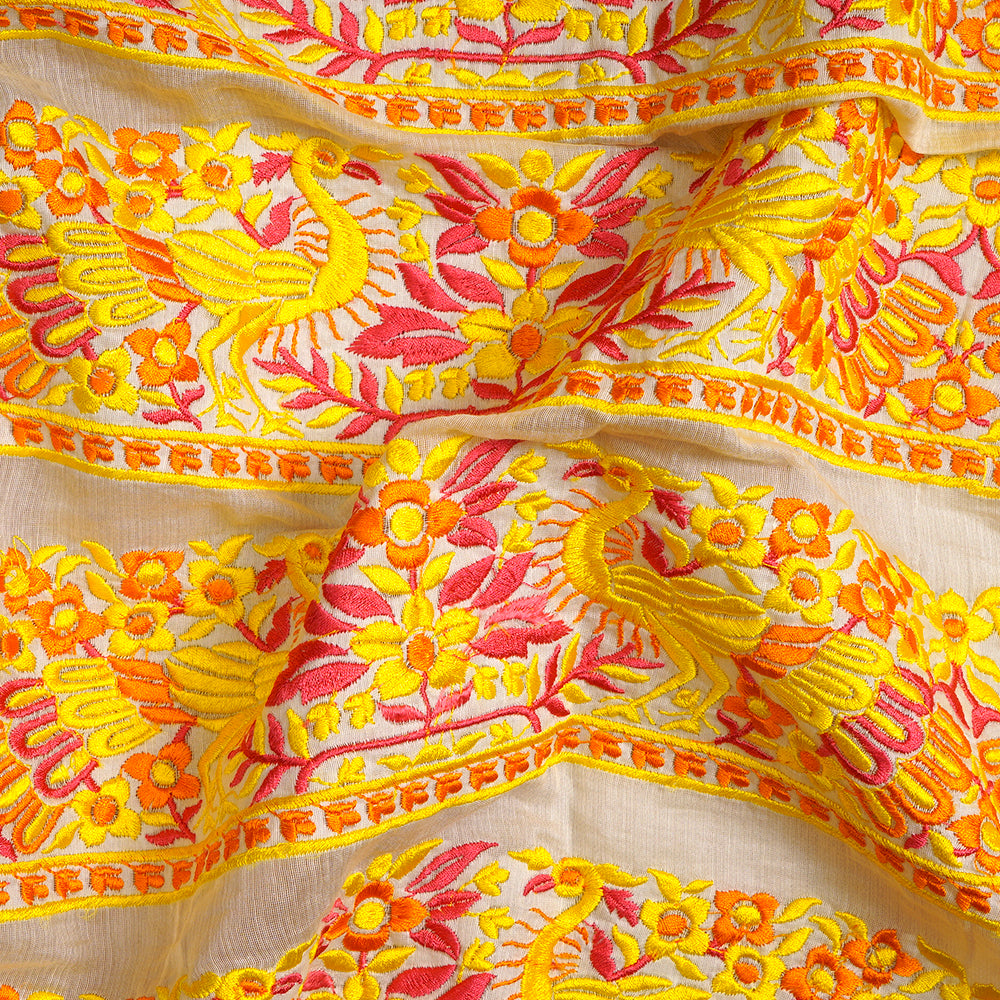 (Pre-Cut 0.90 Mtr) Off White Color Embroidered Pure Chanderi Fabric